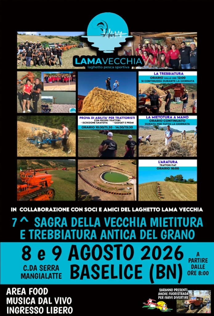 Locandina 7ª Sagra della Vecchia Mietitura e Trebbiatura Antica del Grano – Lama Vecchia, Baselice