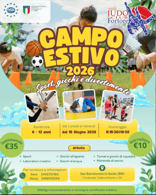 Locandina Campo Estivo 2026 – A.S.D. Judo Club Fortore, sport giochi e divertimento